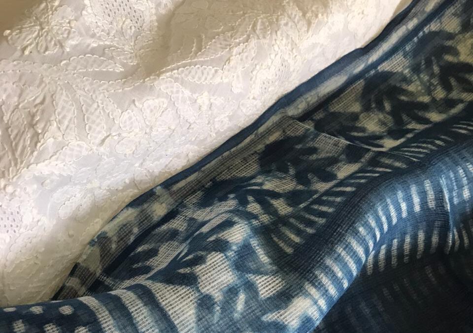 Chikankari kurta with indigo handprint duppata.
