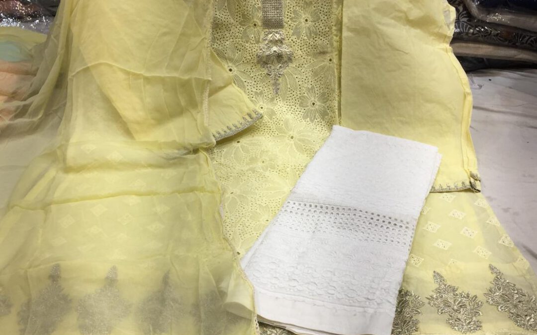 Organdi suits with chikan work and chiffon duppatta