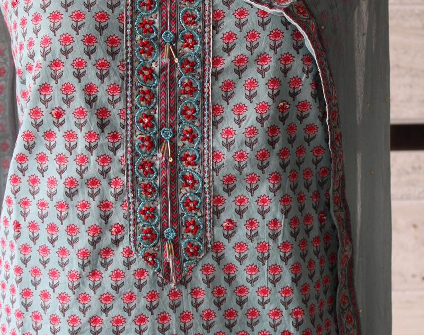 Cotton printed suits with hand work.