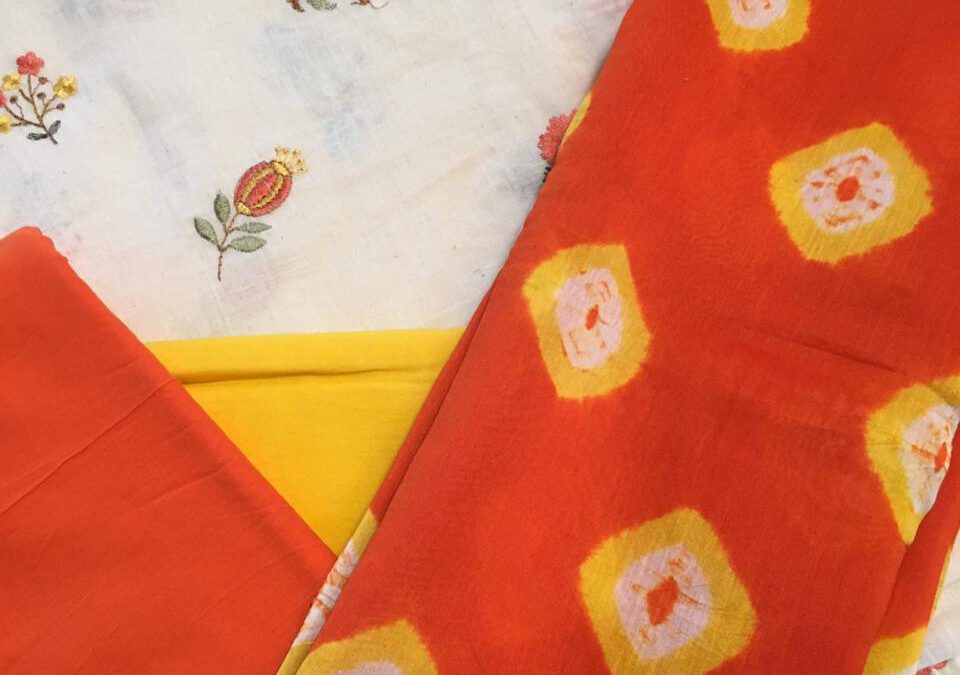 Kora cotton suits with shibori dupatta.