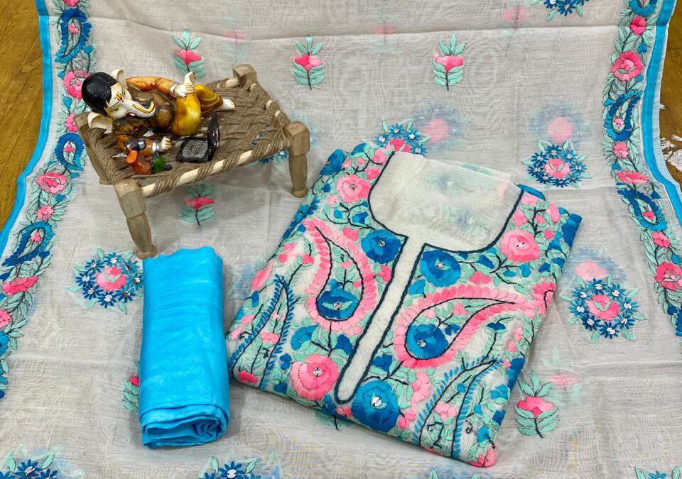 Chanderi embroidered dress materials.